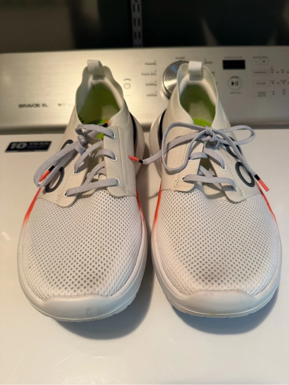 OOFOS White Mesh Sneakers with Black and Orange Accent
